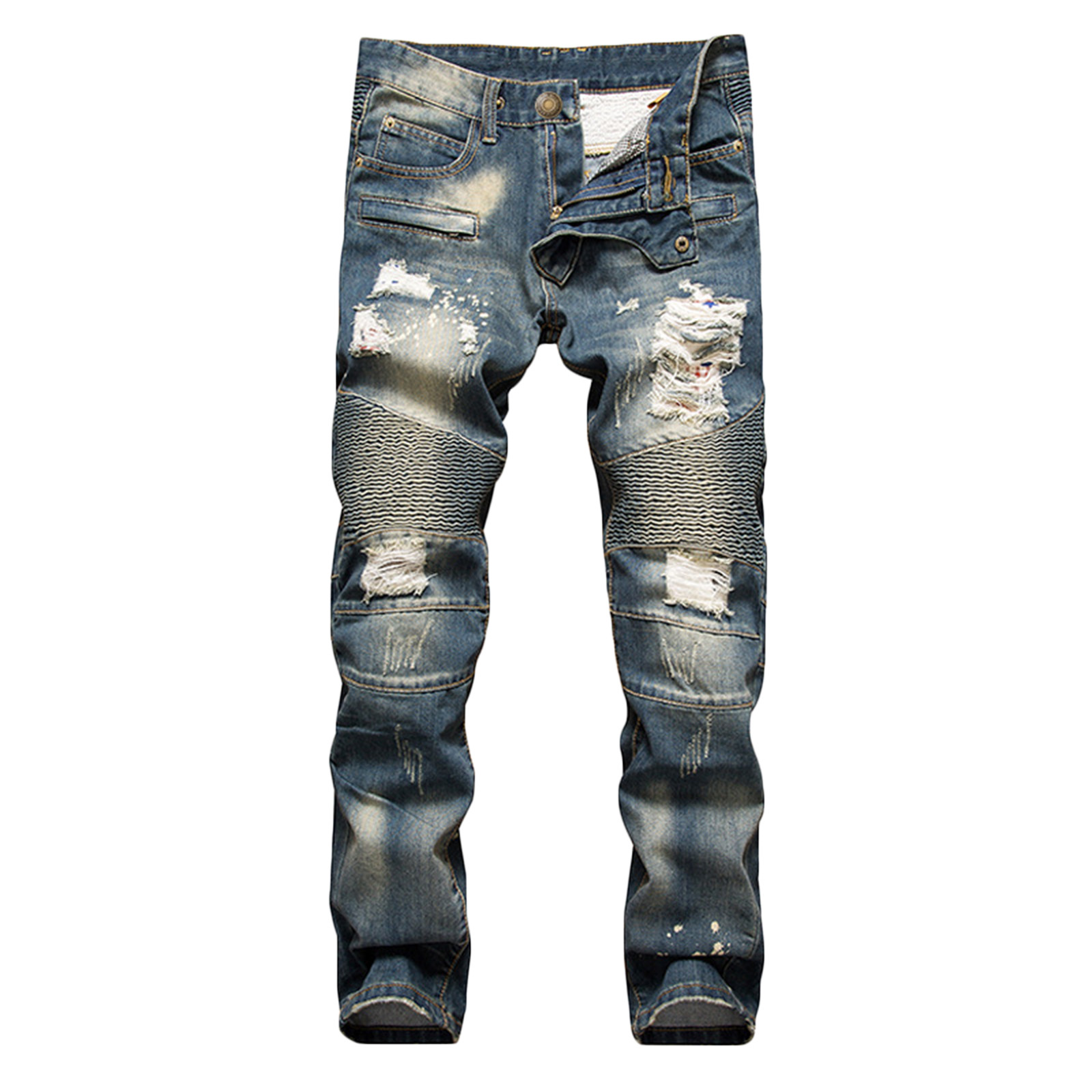 IYTR Men's Fashion Destroyed Biker Jeans Stretch Denim Slim Fit Straight Distressed Ripped Hole Trucker Jeans Washed Blue Stretch Denim Biker Jeans for Men Blue XXXL